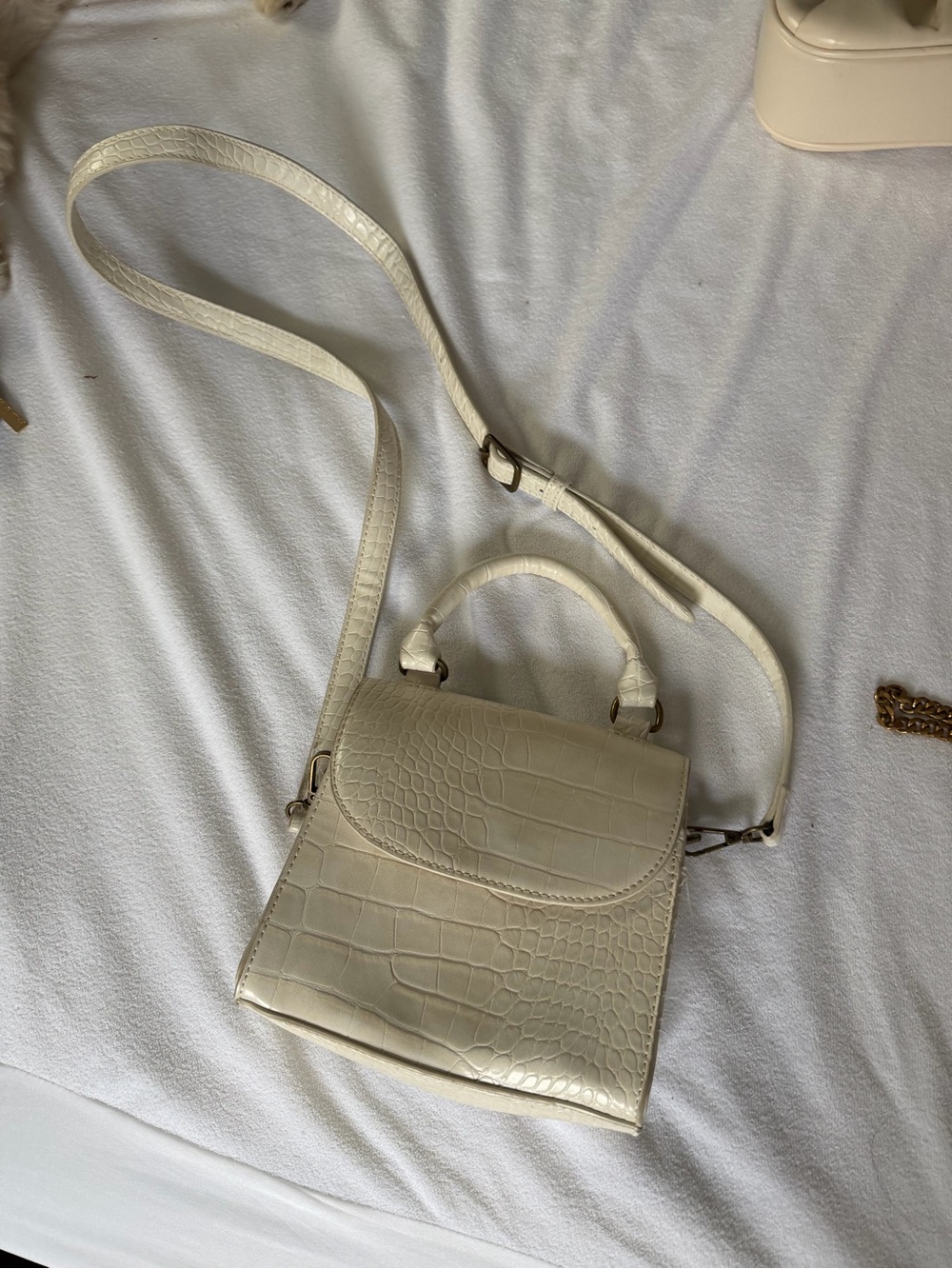 Cream Croc-Embossed Top Handle Crossbody Bag